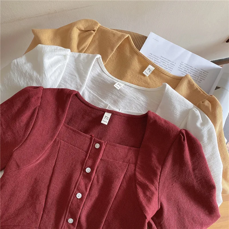 

Casual Version of Joker Retro Square Collar Single-breasted Solid Color Long-sleeved Shirt New Korean Slim Ropa De Mujer 12747
