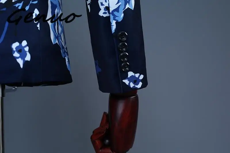 

Genuo New 2019 Tide Men Navy Blue Floral Print Fashion Casual Suits Latest Coat Pant Designs Wedding Groom Stage Costume