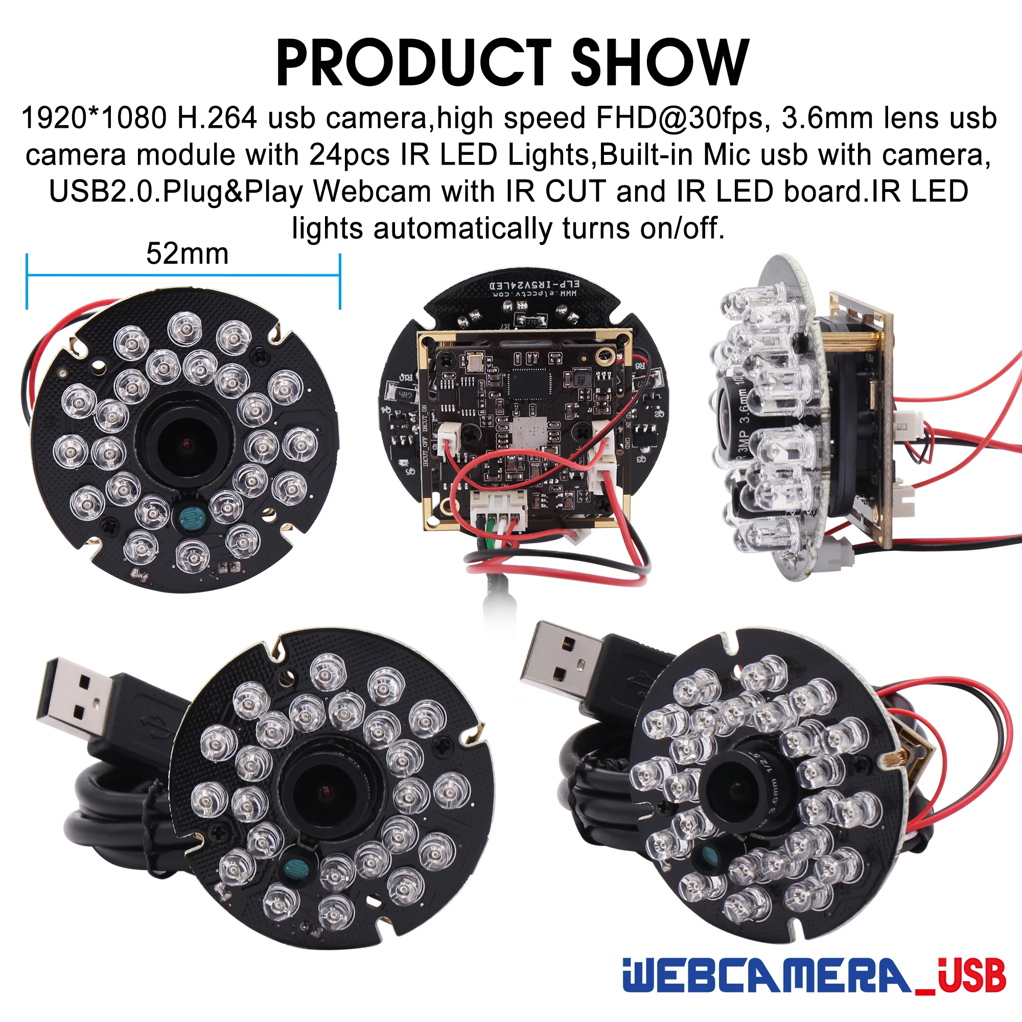 1080P Camera Module .01Lux Star Light  IMX323 Low Light Infrared Webcam USB Camera Module with Ir Leds for Night Vision images - 6
