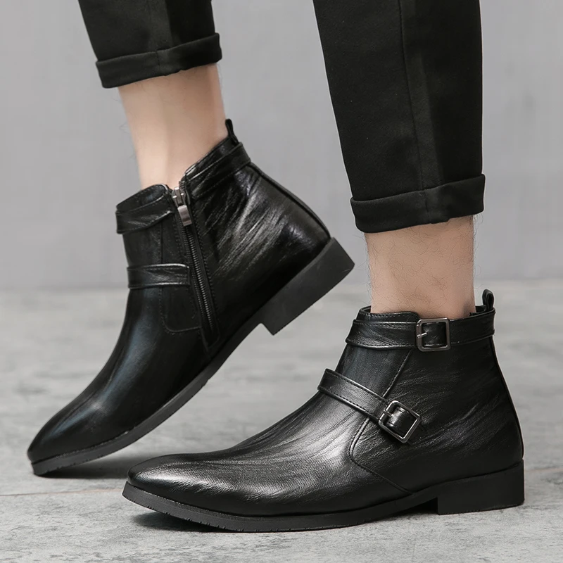 

2021 Retro Style Men Boots Zip PU Misalwa Elegant Decent Boots Work Double Buckle Strap Men Chelsea Boots British