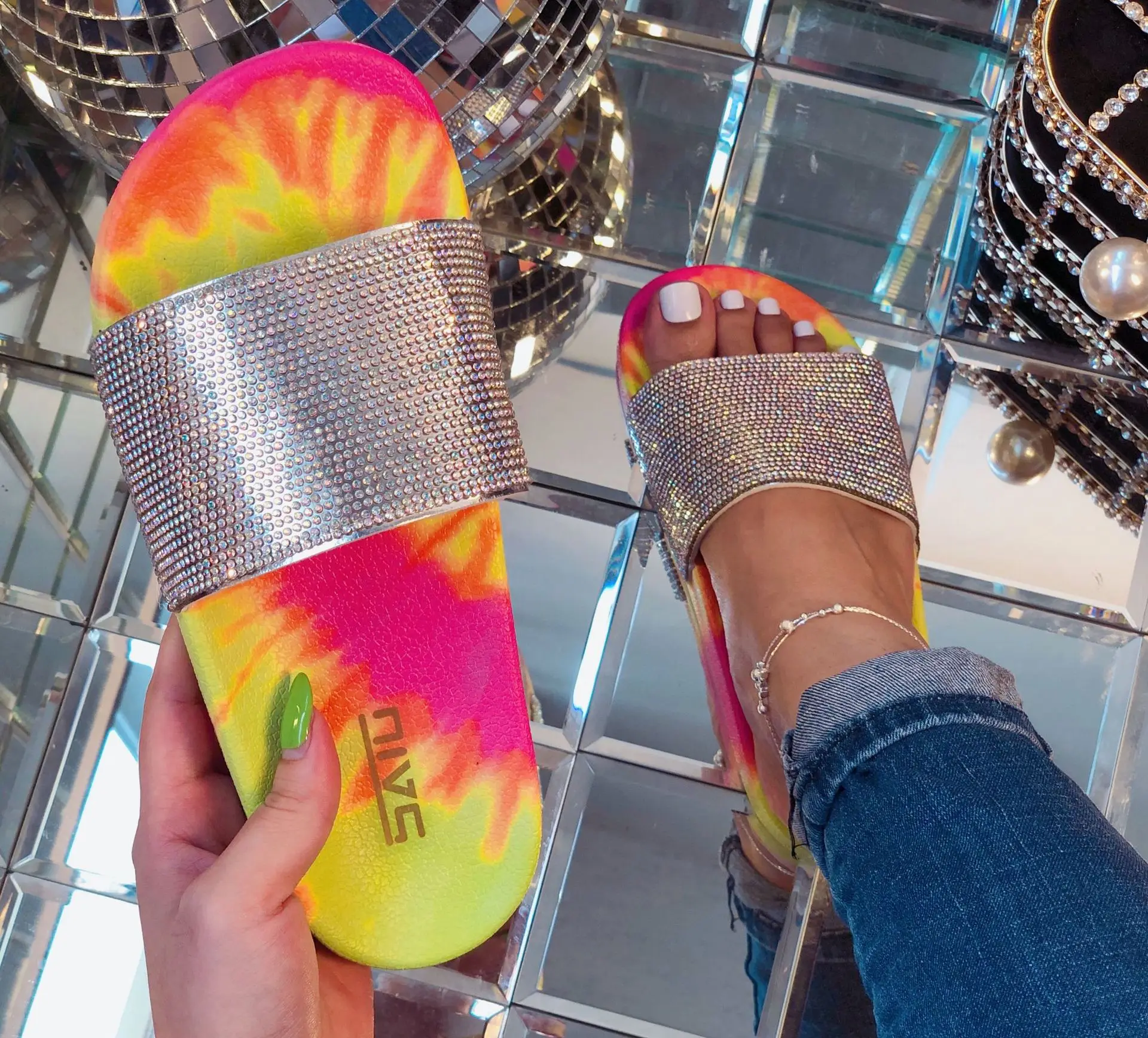 

Open Toe Shoes Sandals Women 2021 Rainbow Rhinestone Women's Slippers Beach Sandals