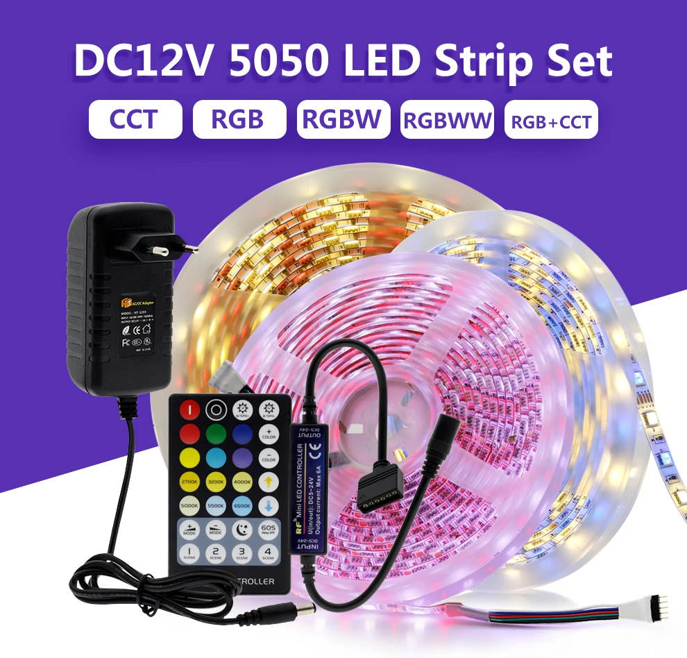 DC12V 5050 Светодиодная лента RGB/RGBW/RGB+ CCT/двойной белый 5 м гибкий светильник+ РЧ пульт дистанционного управления+ адаптер питания набор светодиодных лент