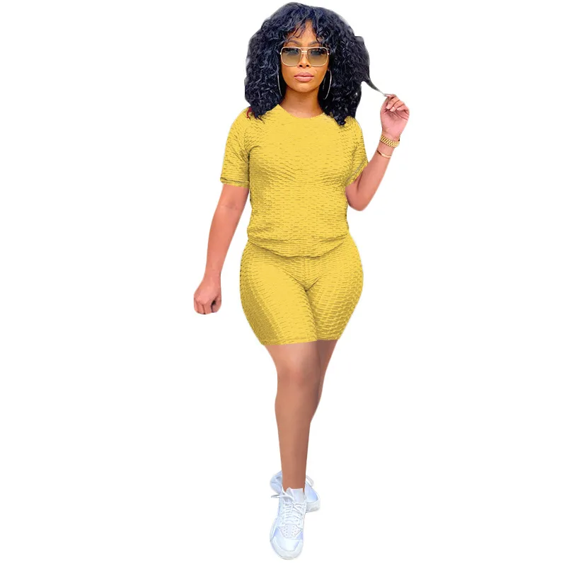 

New Arrivals Women Solid Color Tracksuits 2021 Summer Fashion Skinny Biker Shorts + O-neck Short Sleeve Tees Sportwear Outfits