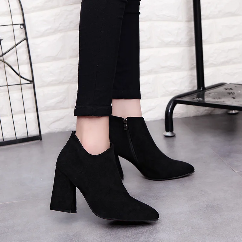 

2019 autumn and winter new women's Martin boots high heel thick with suede pointed zipper rubber sole single ankle boots
