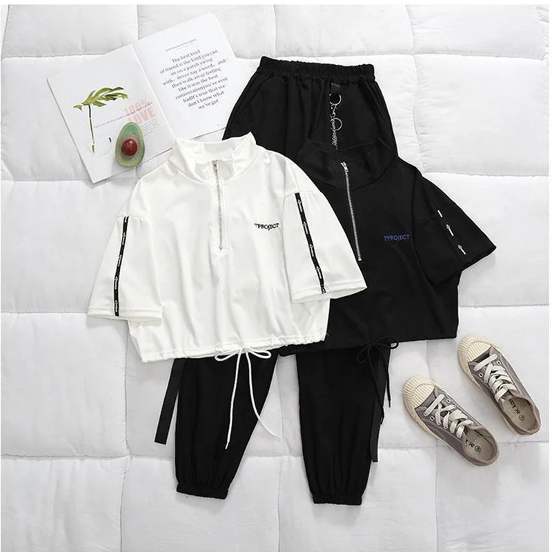 Fashion Cool Women Set Cargo Pants Harajuku Trousers Punk T-shirt Zipper Hip Hop Streetwear Suit 2021 |