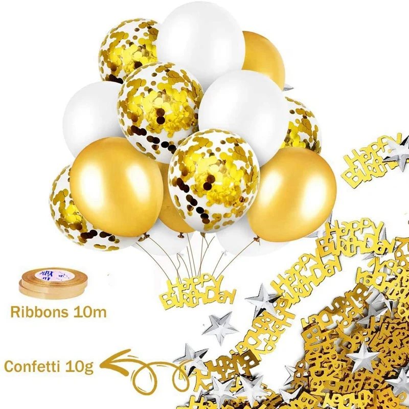 

NHBR Birthday Decoration Gold Happy Birthday Garland 24 Confetti Balloons Tablecloth Glitter Curtain Confetti Foil Balloon