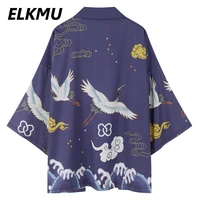 elkmu chinese style crane clouds print shirts jackets streetwear kimono cardigan harajuku japanese coats casual loose tops hm242