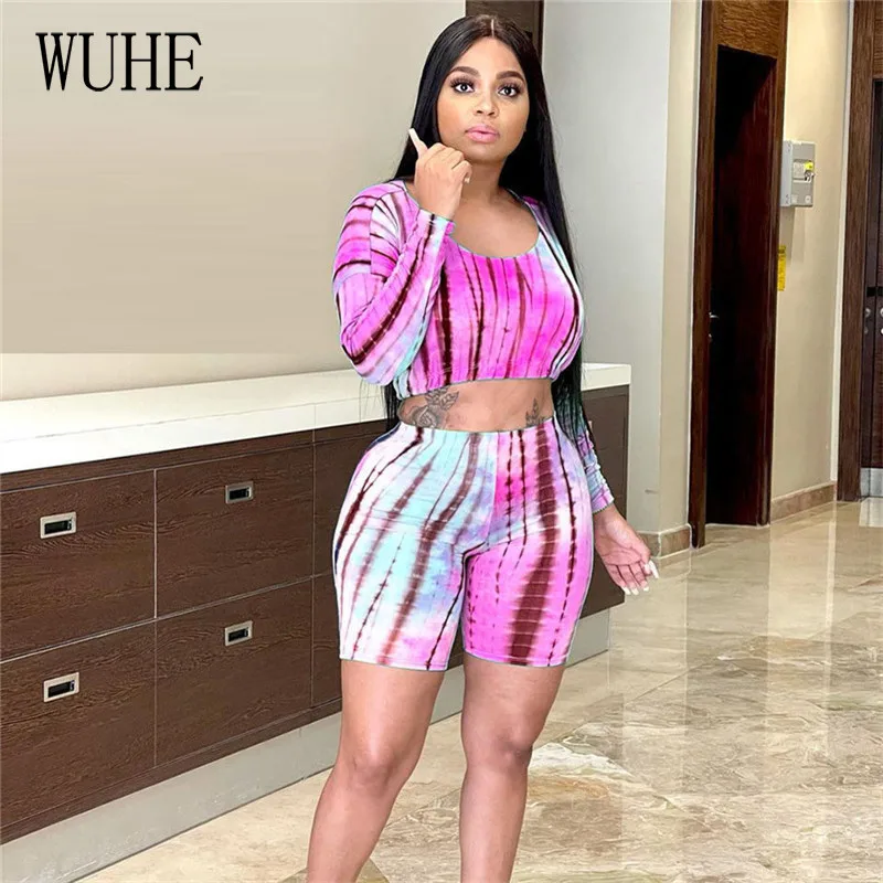 

WUHE Gradient Stripe Print Two Piece Long Sleeve O Neck Crop Top and Skinny Short Pants Casual Streetwear Sport Fitness Outfits