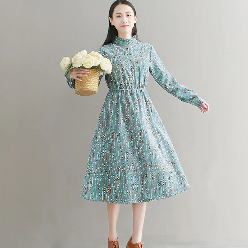 Mori Girl Autumn Spring Women Sweet Dress Longo Vintage Corduroy Midi Chic Blue Pink Animal Print Elastic-Waisted Vestidos | Женская