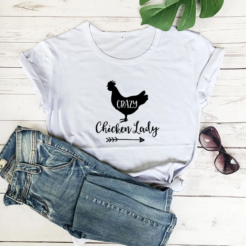 Crazy Chicken Lady/Новое поступление, женская летняя забавная Повседневная футболка из хлопка с принтом фермера, подарок на день матери, деревенская рубашка - Цвет: white-black text