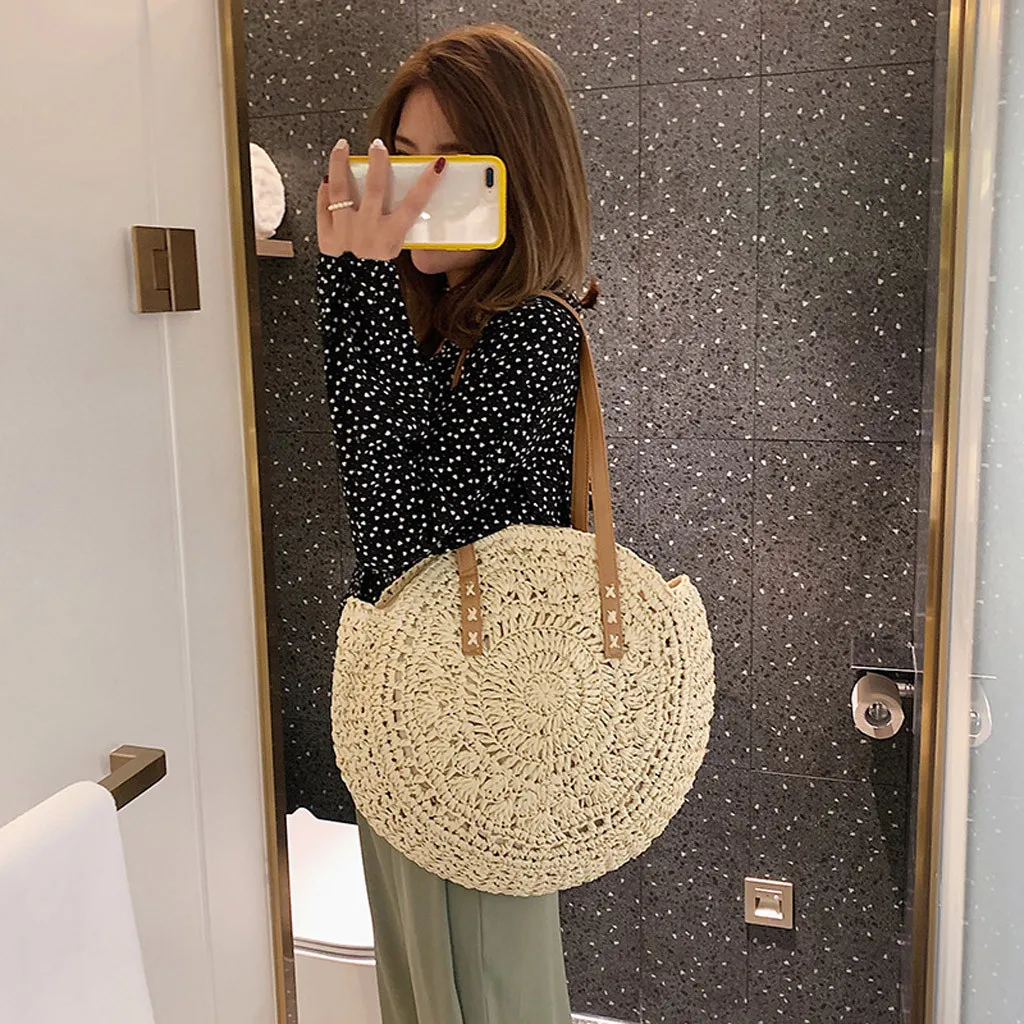 Casual Rattan Women Shoulder Bags Circle Straw Handbags Big Capacity Handmae Summer Totes Lady Round Boho Beach Treval Sac #j4s | Багаж и