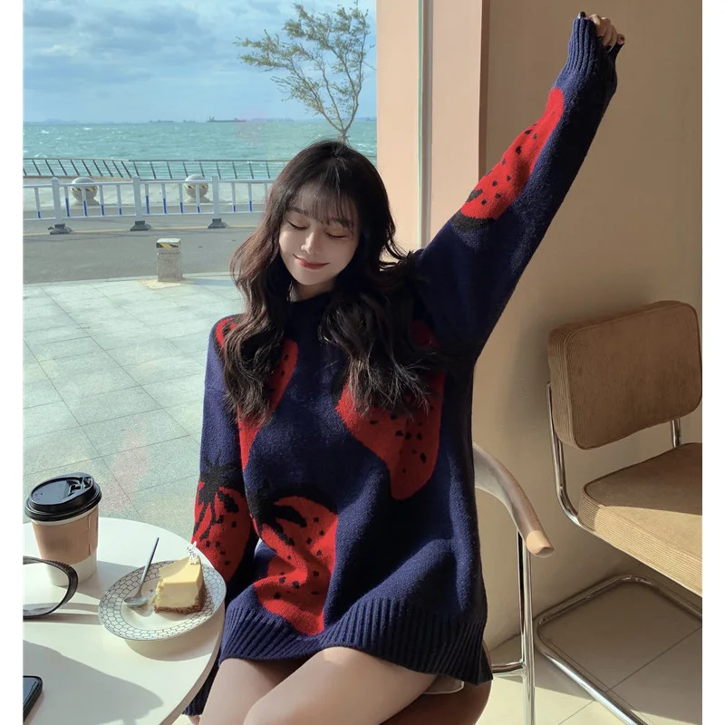 

Japanese Winter Girl Full Sleeve Knit Pullover Kawaii O-Neck Vintage Sweet Strawberry Pattern Loose Casual Knitting Sweater Tops