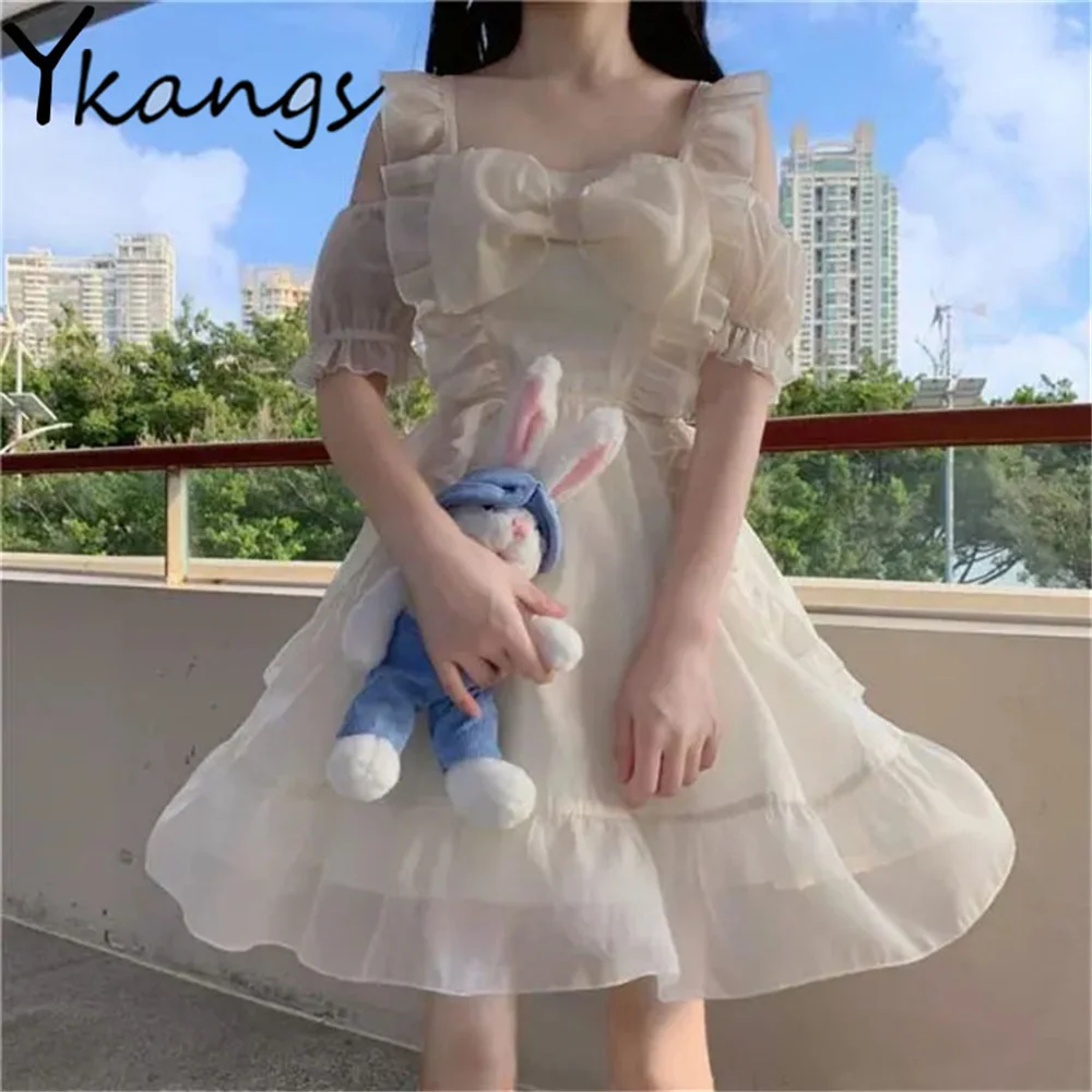 

Sweet Elegant Princess Style Lolita Strapless Puff Sleeve Women Costume Solid Square Neck Ruffles Bow Mini Dress Summer Classics