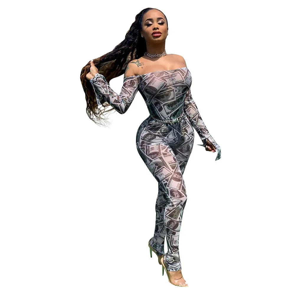 black jumpsuit Adogirl деньги с принтом доллара сетчатый комбинезон Для женщин сексуальные платья с открытыми плечами длинными расклешенными рукавами узкие комбинезон для ночного клуба, комбинезон, комплект одежды - Цвет: black jumpsuit