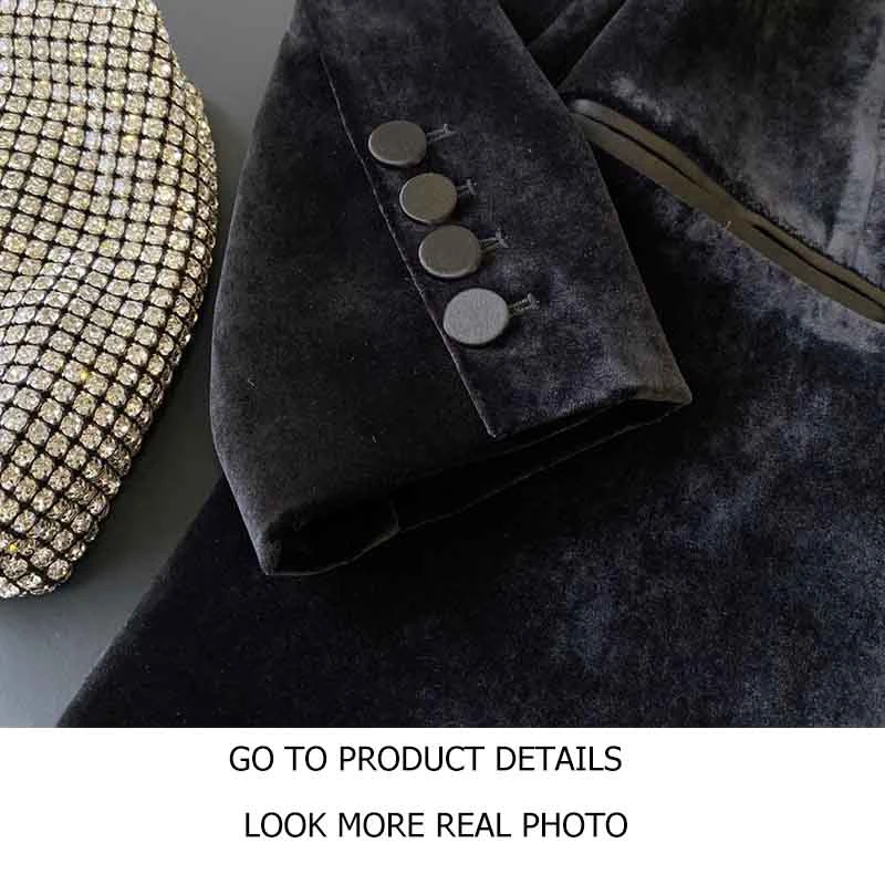 

Cosmicchic Women Velvet Blazer Stitching Leather V-Neck Long Sleeve Double Breasted Runway Jackets Vintage Office Blazer Coat