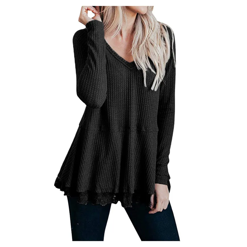 Slim Sweater Female Tops Womens Casual Long Sleeve Knot Waffle Knit Tunic Lace Blouse Cute Shirts Fashion Knitted Soft |