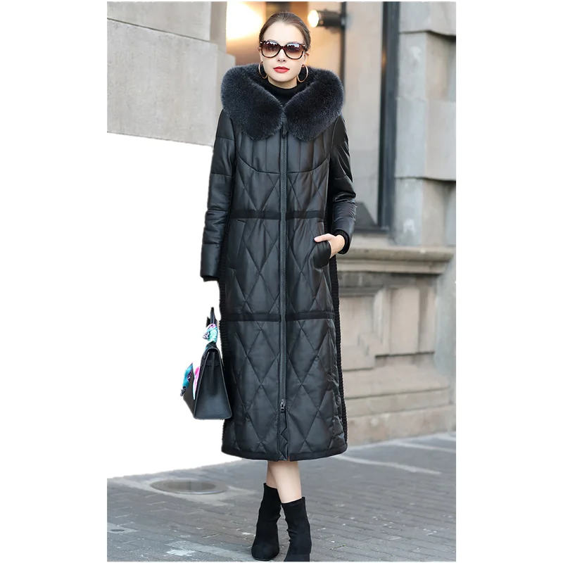 Black Leather Coat Women's Winter Fox Fur Sheepskin Down Coat Long Hooded Leather Outerwear Casual Trench