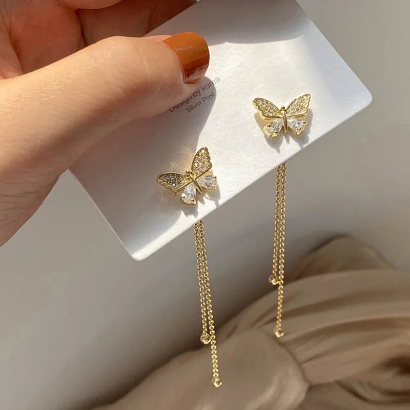 

New S925 Silver Needle Zircon Crystal Butterfly Stud Earrings for Women Fairy Long Tassel Earrings Korean Temperament Earrings
