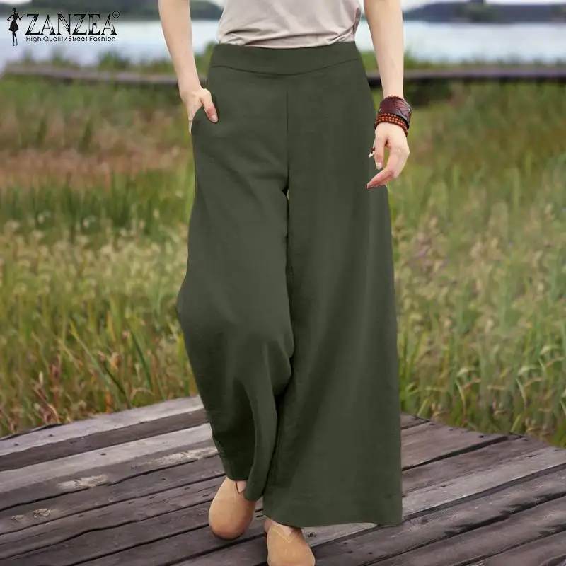 

Women Autumn Trouser ZANZEA 2021 Kaftan Solid Wide Leg Pants Elastic Waist Long Pantalon Palazzo Female Casual Turnip
