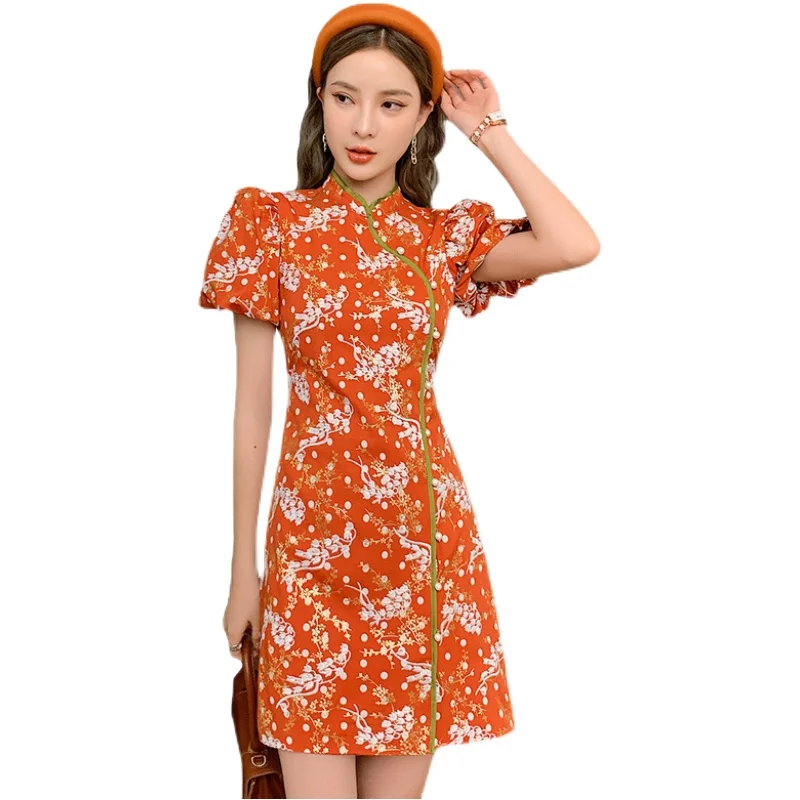 

2021 Summer Women's Floral Print Dress Elegant Fashion Casual Mandarin Collar Mini Skirt Flared Sleeve Dress