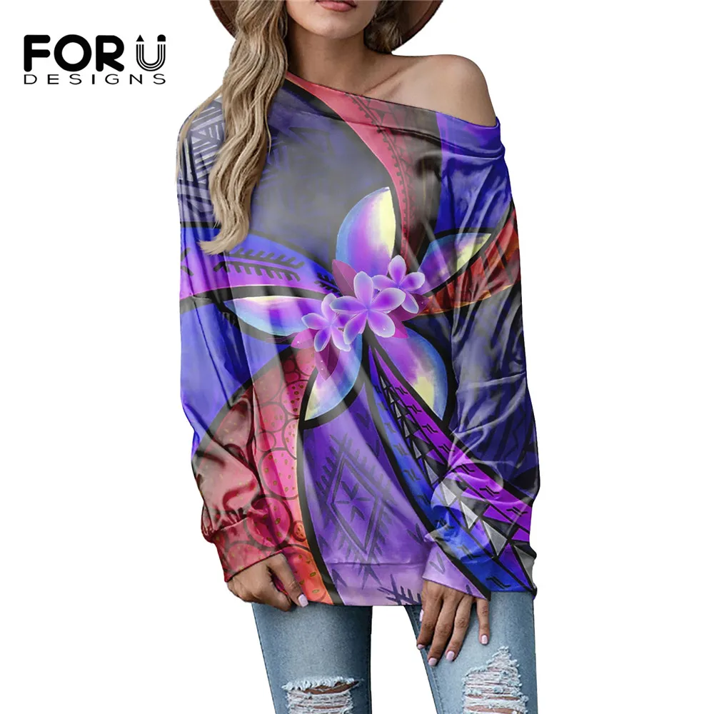 

FORUDESIGNS Vintage Polynesian Tribal Hibiscus PrintsWomen Sexy Boat Neck T-shirt Female Casual Loose Tops Ladies Plus Size Tee