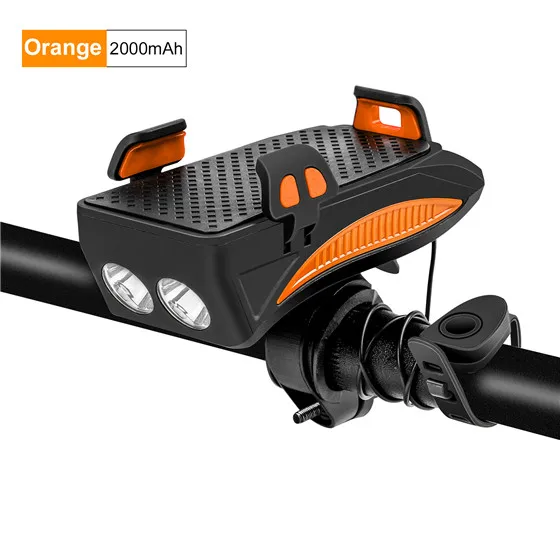 Orange 2000mA Велосипедный водонепроницаемый светильник, велосипедный держатель для телефона, светодиодный, 3 режима, зарядка через USB, поддержка мобильного зарядного устройства, электрический звонок для велоспорта MTB - Цвет: Orange 2000mA