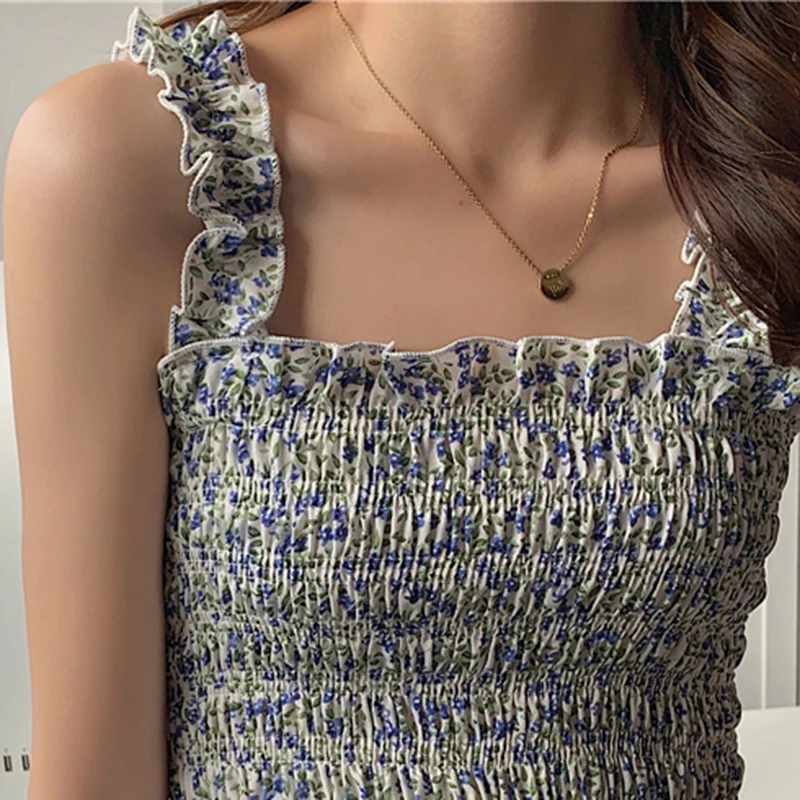 

LJSXLS French Chiffon Camisole Women Fashion Print Folds Tanks Summer Slim External Wear Sleeveless Womens Top Short Clothes