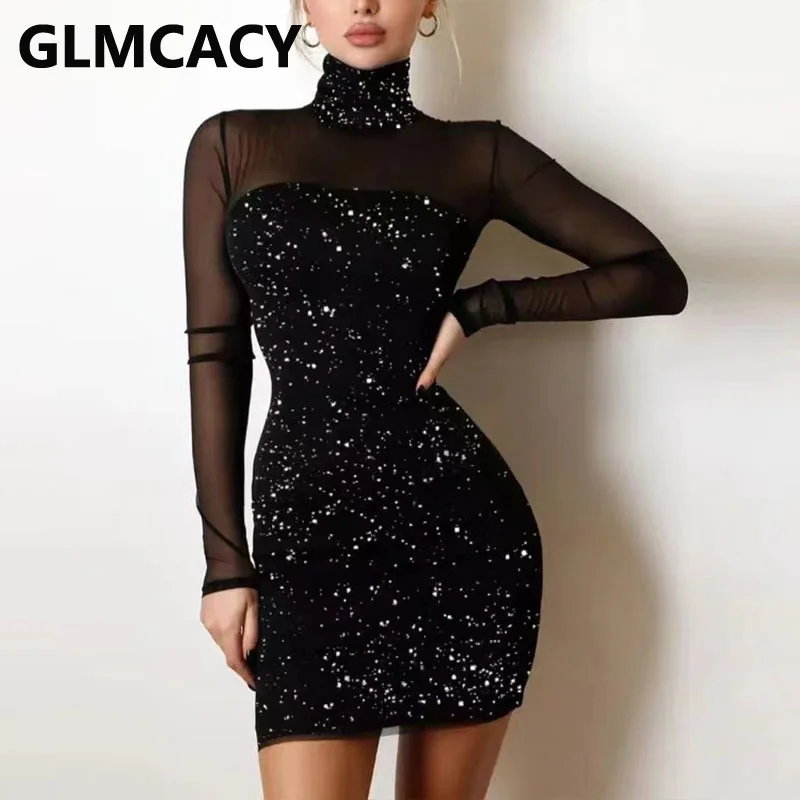 

Women Long Sleeve Cowl Neck Mesh Insert Sequined Mini Dress Elegant Party Club Dress