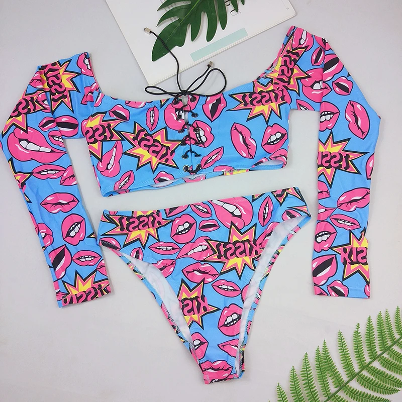 

High Waist Sexy Brazilian Bikini Bandeau Swimsuit African Print Bandage Swimwear Women 2020 Long Sleeved Bikini Set Bathing Suit