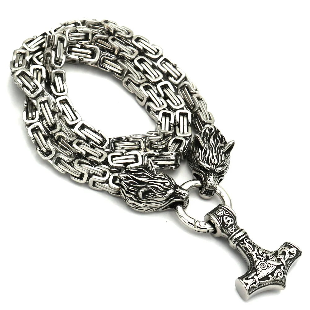 80cm Silver EDC Self Defense Stainless Steel Nordic Viking Quake Hammer Men's Wolf Pendant Necklace Handmade Chain