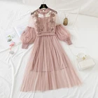 Новое поступление, женское кружевное платье с цветами, газовое длинное платье из вуали с рукавами-фонариками, женское платье принцессы в стиле ретро, комплект из 2 предметов #8013