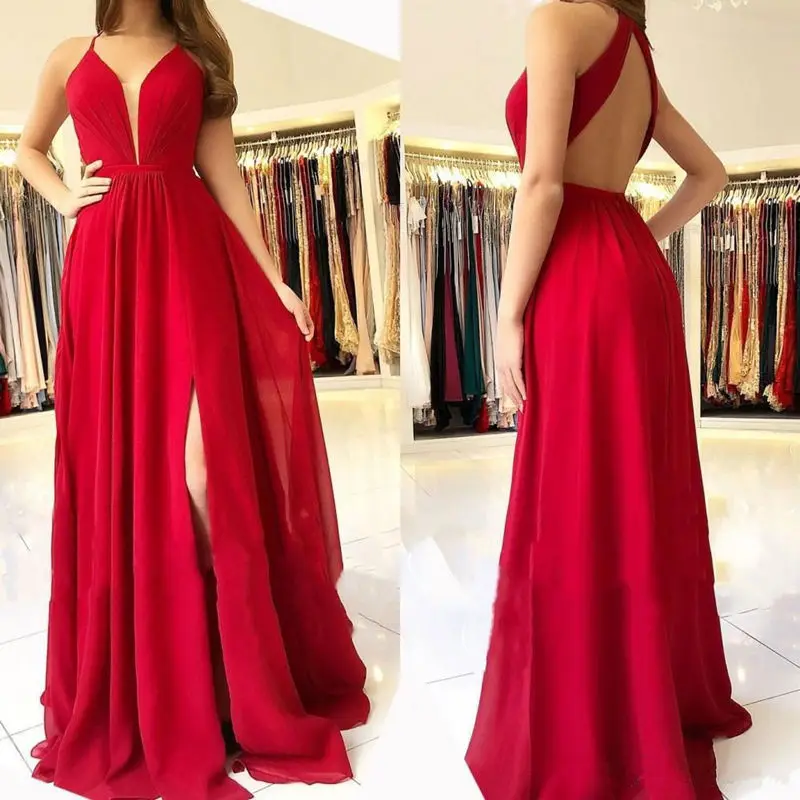 

Sexy V-neck Evening dress 2021 Sleeveless Elegant Floor-length long Party Gowns Zipper back Prom dresses Evening Dress High Qu