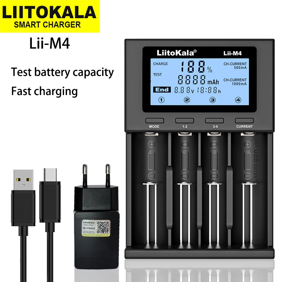

LiitoKala Lii-M4 LCD Smart Universal Battery Charger for 18650 18350 21700 26650 AA AAA charging and test battery capacity