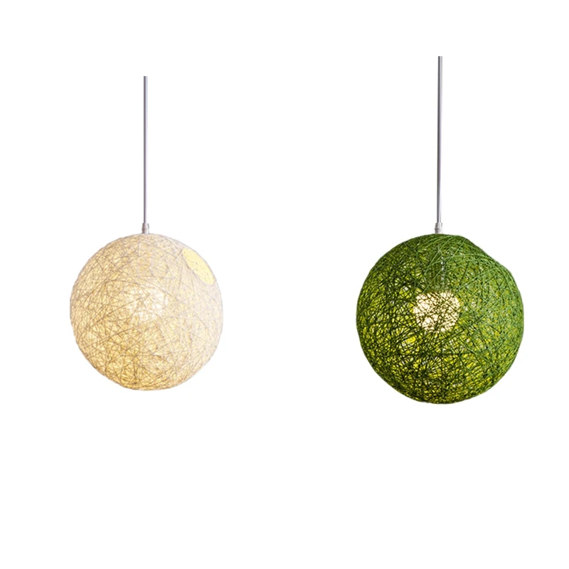

2X Green/White Bamboo, Rattan And Hemp Ball Chandelier Individual Creativity Spherical Rattan Nest Lampshade