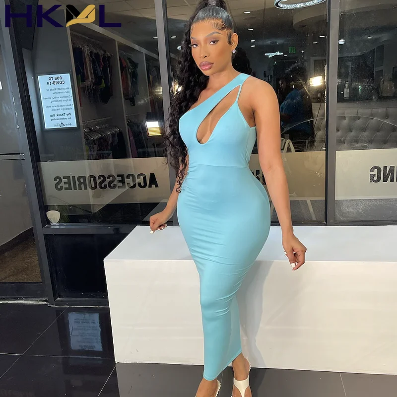 

Women Long Dress Solid Sleeveless One Shoulder Cut Out Stretchy Bodycon Maxi Sexy Fashion Summer 2021 New Dresses
