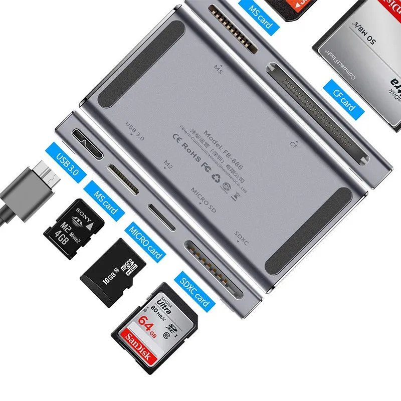 FB-886 Metal All in One USB3.0 Card Reader for TF (micro SD) SDXC CF MS M2 High Speed Cards |