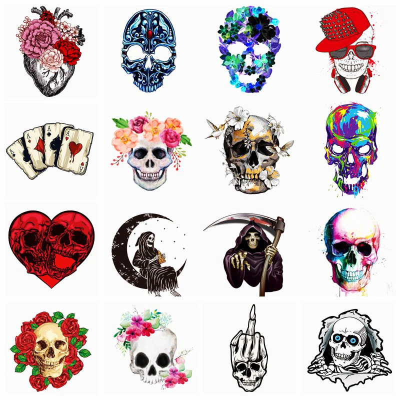 

Colorful Skull Patches Heat Transfer Themal Stickers Applique Punk DIY Stickers Iron on Patches for Clothing Custom Transfers