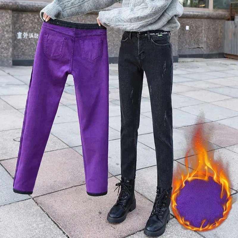 

Winter Plus Velvet Jeans Women Blue Korean Wave Street High Waisted Pants Resilience Casual Warm Thick Harajuku Denim Trousers