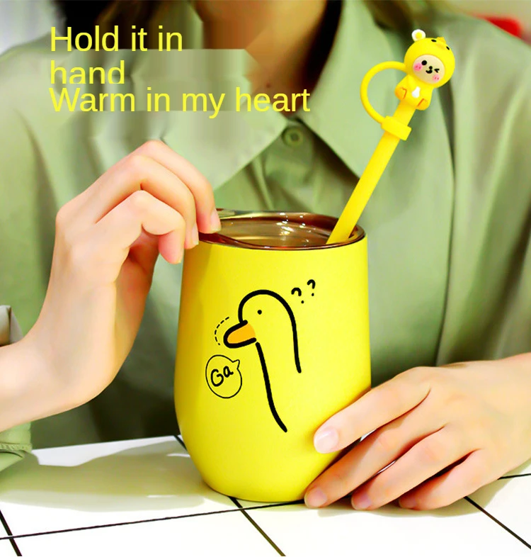 

Cute Q Egg Vacuum Cup Office Milk Coffee Cup Cartoon Stainless Steel Water Cup Student Straw Mixing Cup