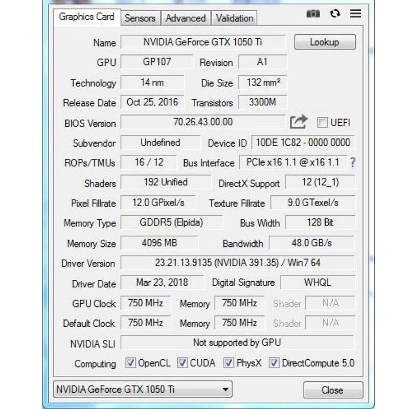 

Computer Graphic Card GeForce GTX 1050Ti 1GB GDDR5 128-Bit PCIE 3.0 HDMI-Compatible DVI-D Interface W/ Twin Cooling Fan