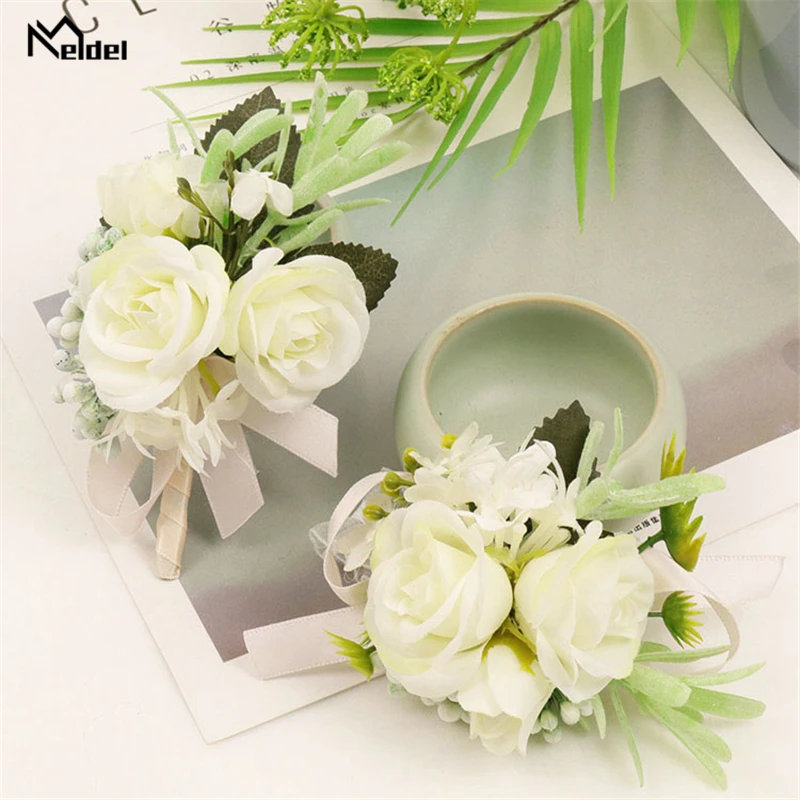 Meldel шелковые розы белые свадебные корсажи и бутоньерки жениха для мужчин