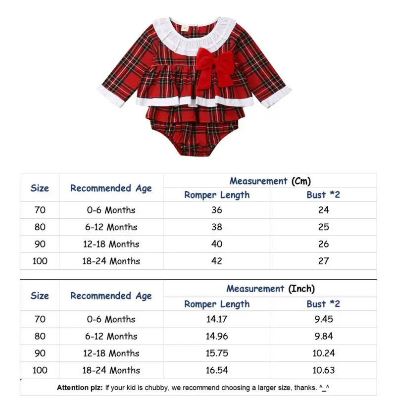 

Emmababy Newborn Kids Baby Girl Christmas Plaid Jumpsuit Bow Dress Costume Long Sleeve Romper XMAS Clothes Outfits