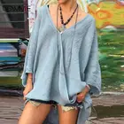 Женские топы и блузки, летняя повседневная верхняя одежда в стиле ретро, с длинным рукавом и V-образным вырезом, с асимметричным подолом, удобная женская