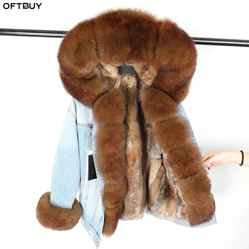 OFTBUY/ зимняя куртка для женщин, настоящее меховое пальто; парка с большим мехом, натуральным лисьим воротником, кроличий лайнер, джинсовая куртка уличная, съемная, новая