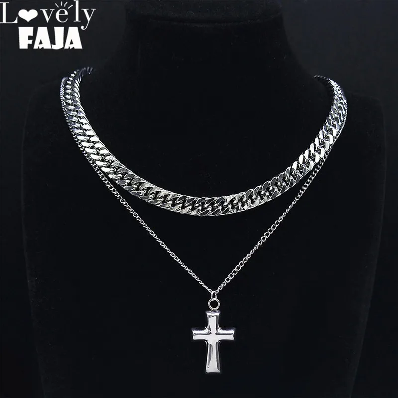 

2pcs Punk Stainless Steel Christian Cross Chains Necklaces Women Silver Color Necklace Jewelry cadena acero inoxidable mujer