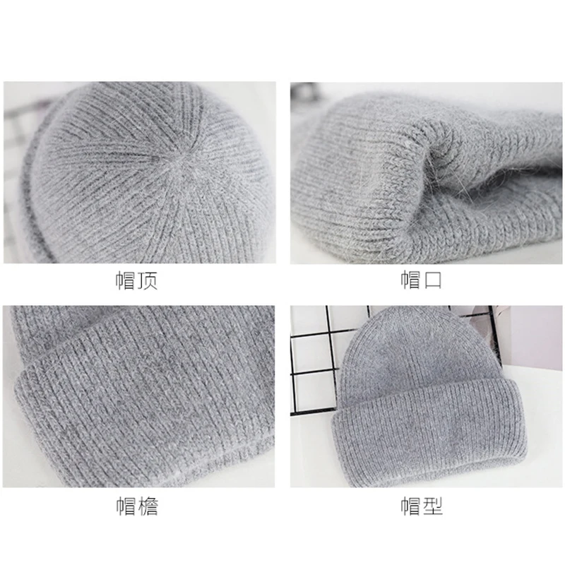 

8 Colors Unisex Solid Color Real Rabbit Fur Beanies Winter Hat For Woman Knit Bonnet Acrylic Woman Autumn Warm Skullies