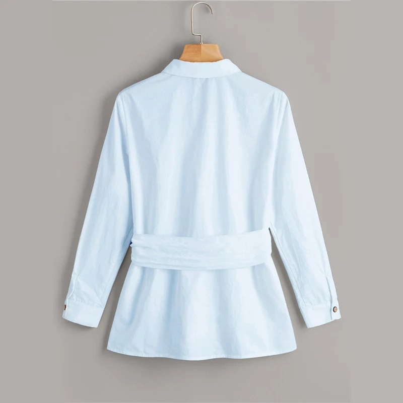 SHEIN Button Front Belted Blouse White Solid Long Sleeve Blouse Casual Women Clothes Spring Autumn Blouses