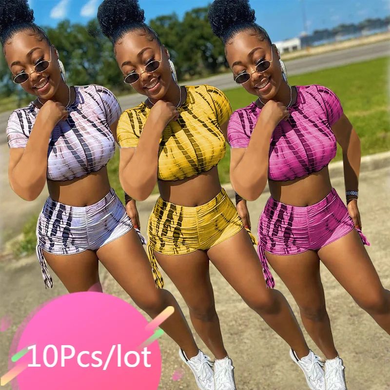 

Wholesale Bulk Items Lots Summer Shorts for Women Tie Dye Crop Top Biker Shorts Set Summer Clothes Drawstring Home Suits 2021