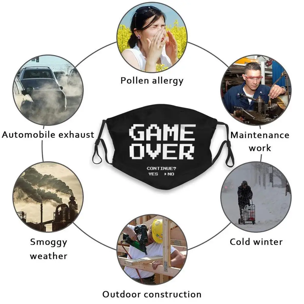 

Game Over, Continue Yes Or No - Gamer Fashion Mouth Masks Filter Adult Kids Face Mask Game Over Dead Restart New Game Game