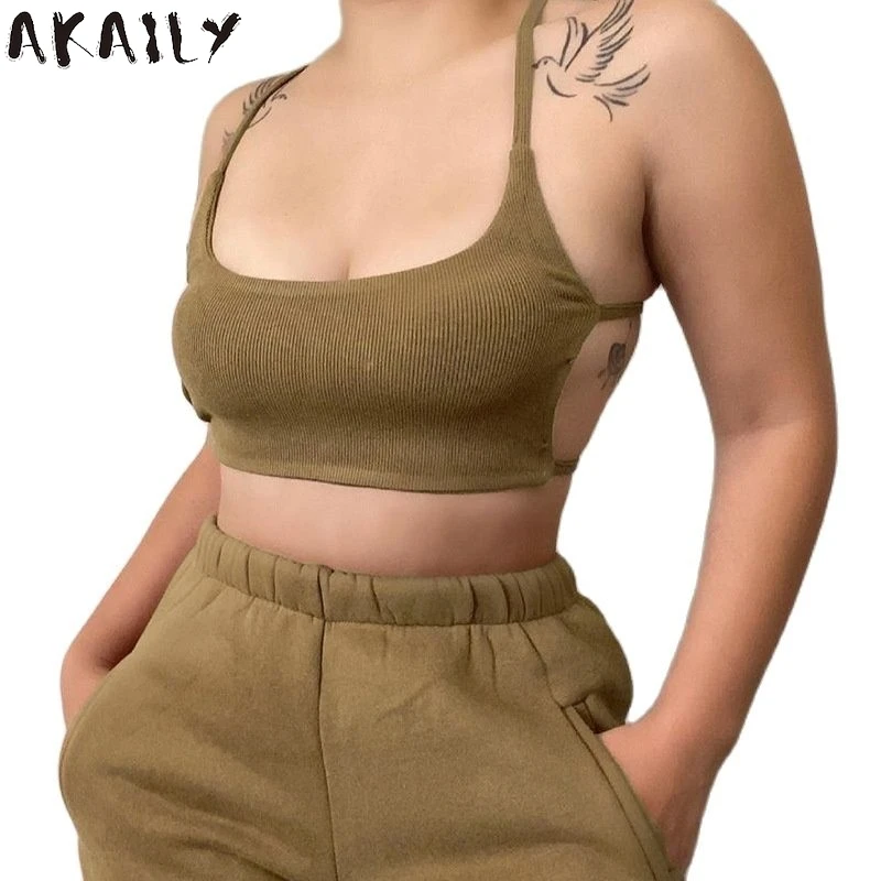 

Akaily Summer Streetwear Black Tracksuit 2 Two Piece Sets Women Outfits Spaghetti Sleeveless Backless Crop Top Bike Shorts Sets